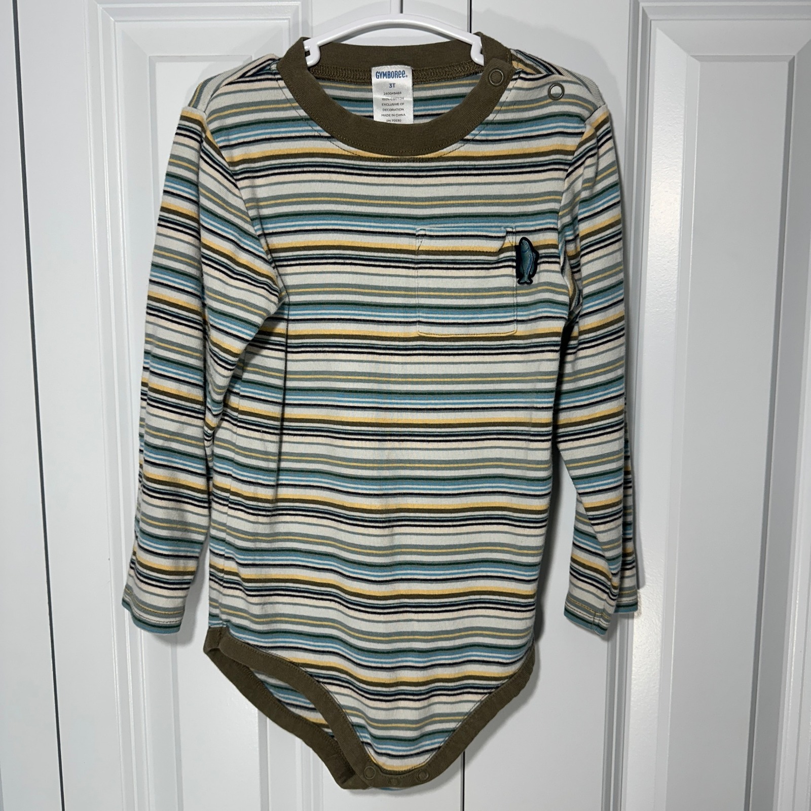 Gymboree Bodysuit Kids 3t Green Blue Striped Long Sleeve Fish Pocket One Piece